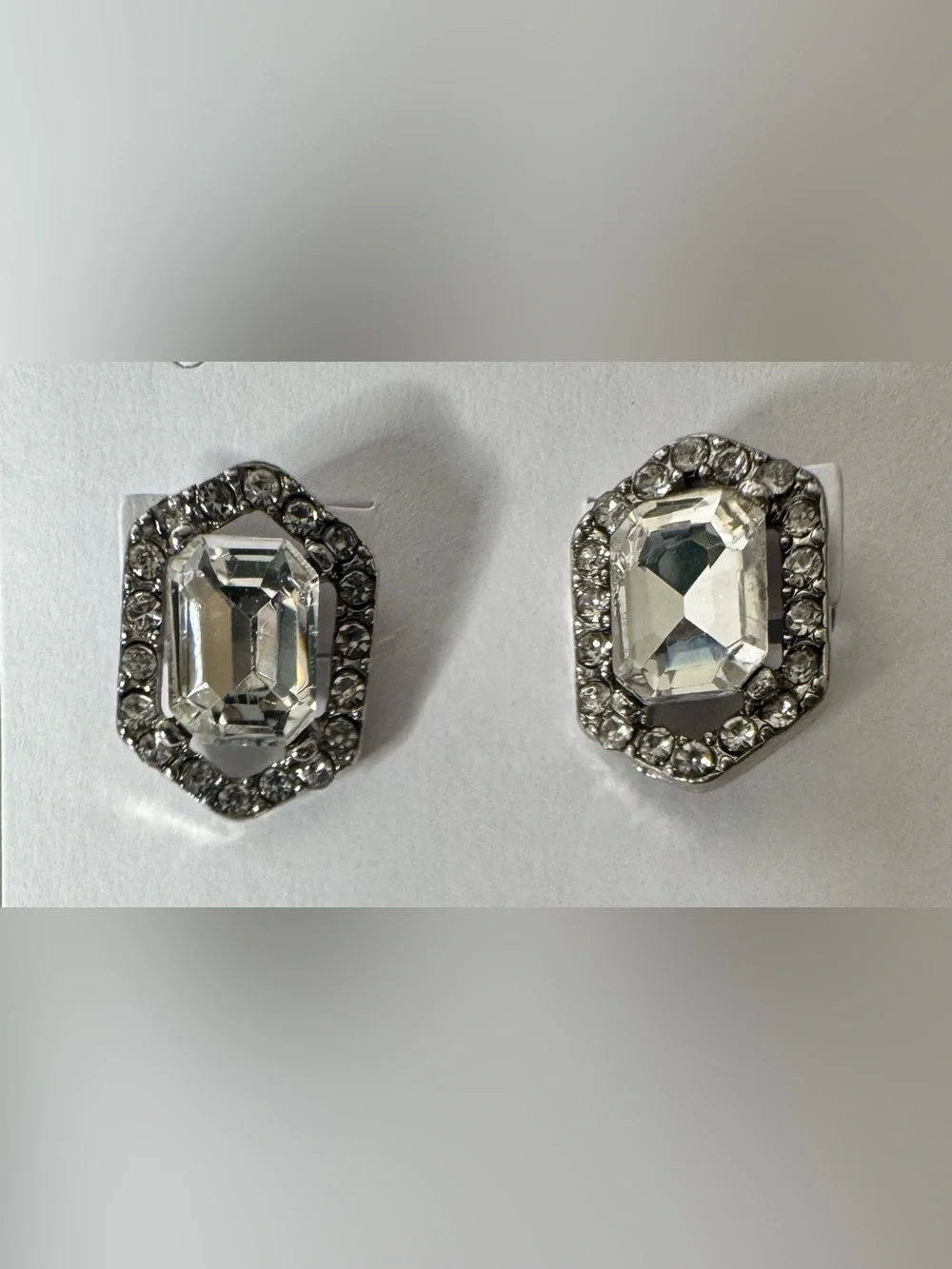 Crystal Halo Octagon Clip-On Earrings - Clear/Silver